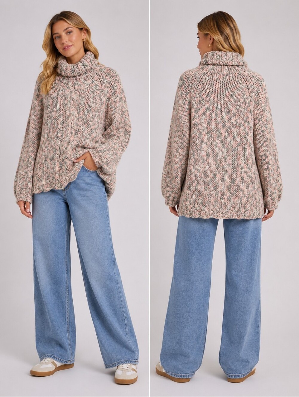 POL Pastel Marled Chunky Cable Knit Cowl Neck Sweater Cozy Soft Oversized Winter